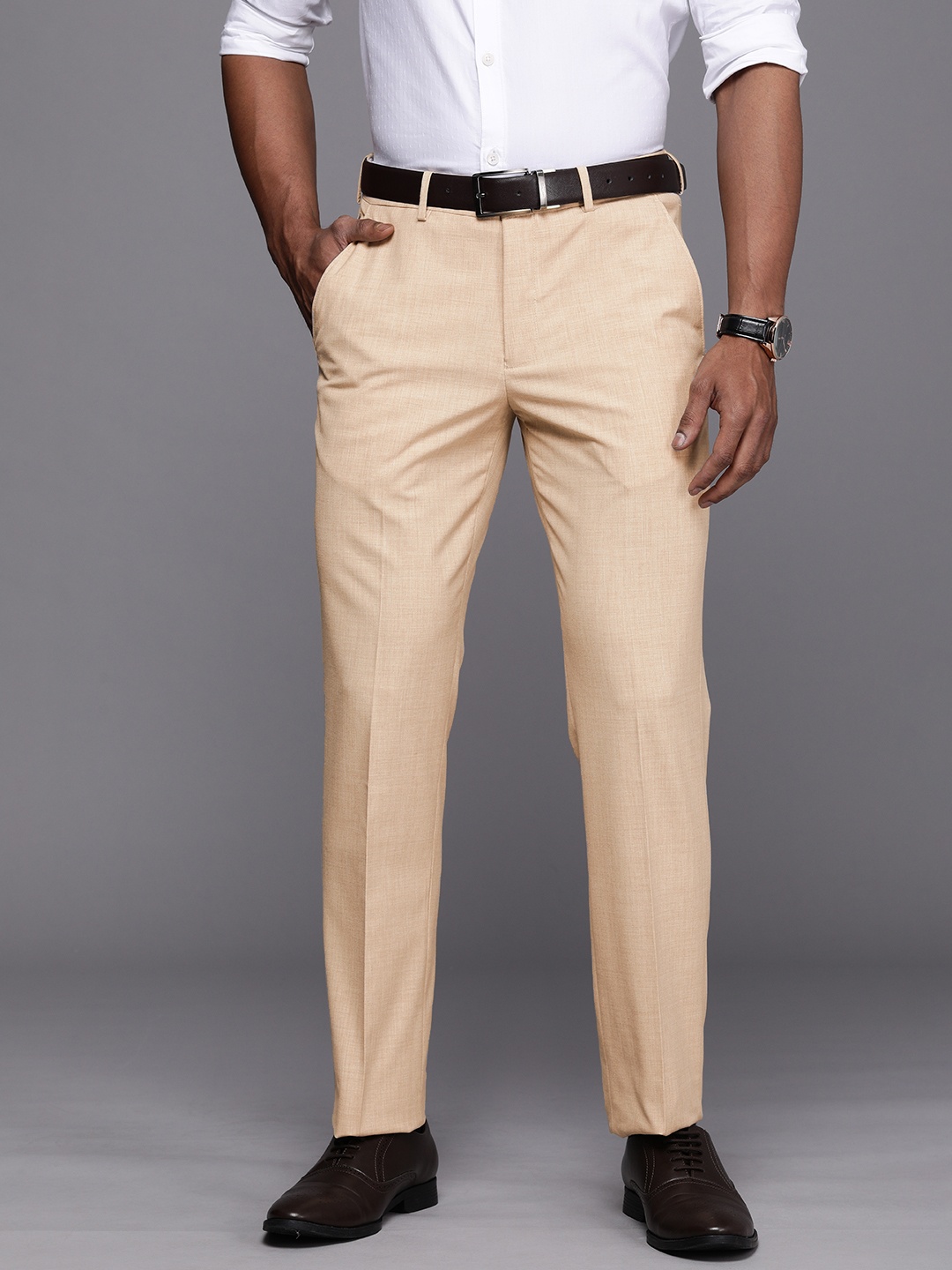 

Louis Philippe Men Beige Solid Slim Fit Mid-Rise Formal Trousers