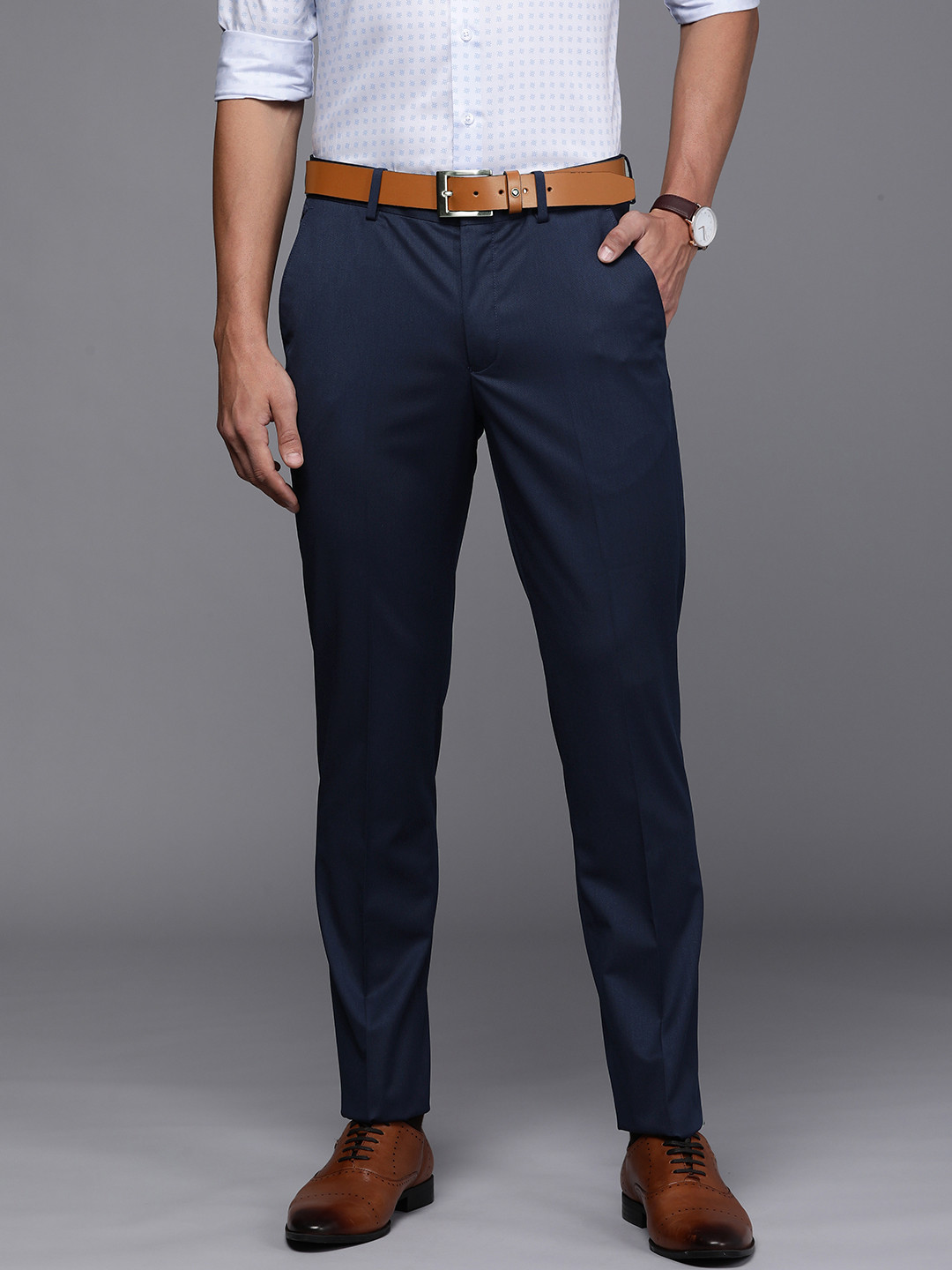 

Louis Philippe Men Navy Blue Textured Slim Fit Trousers