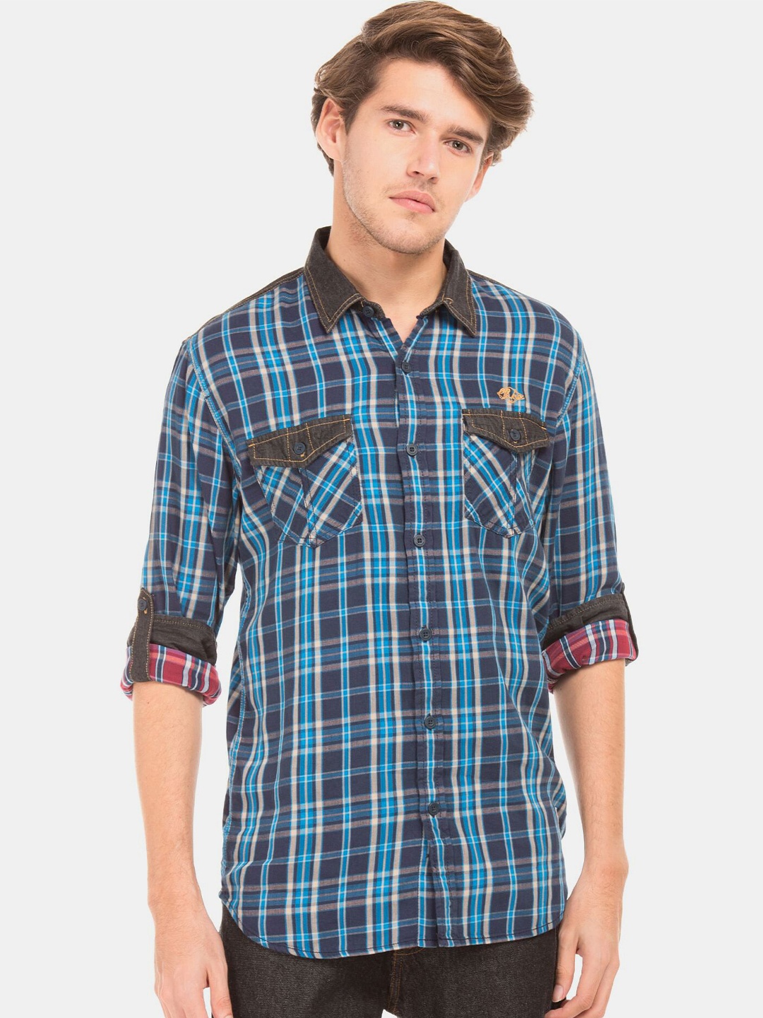 

Cherokee Men Blue & Brown Tartan Checks Checked Casual Shirt