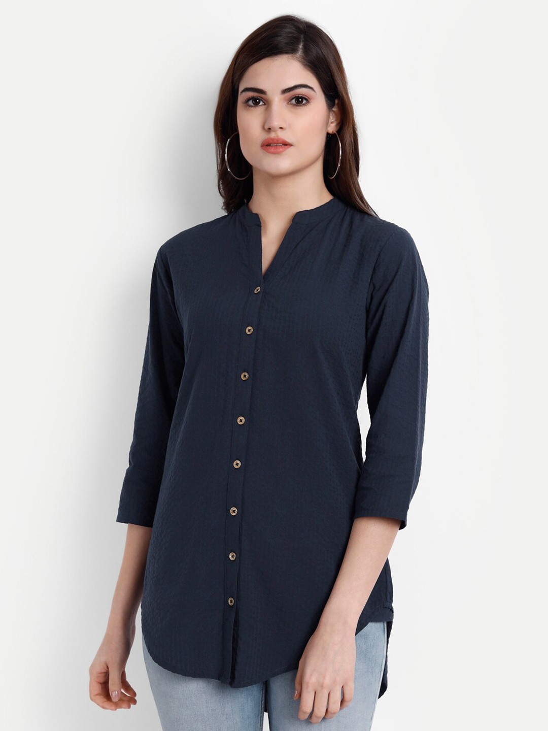 

fabGLOBAL Navy Blue Mandarin Collar Pure Cotton Shirt Style Top