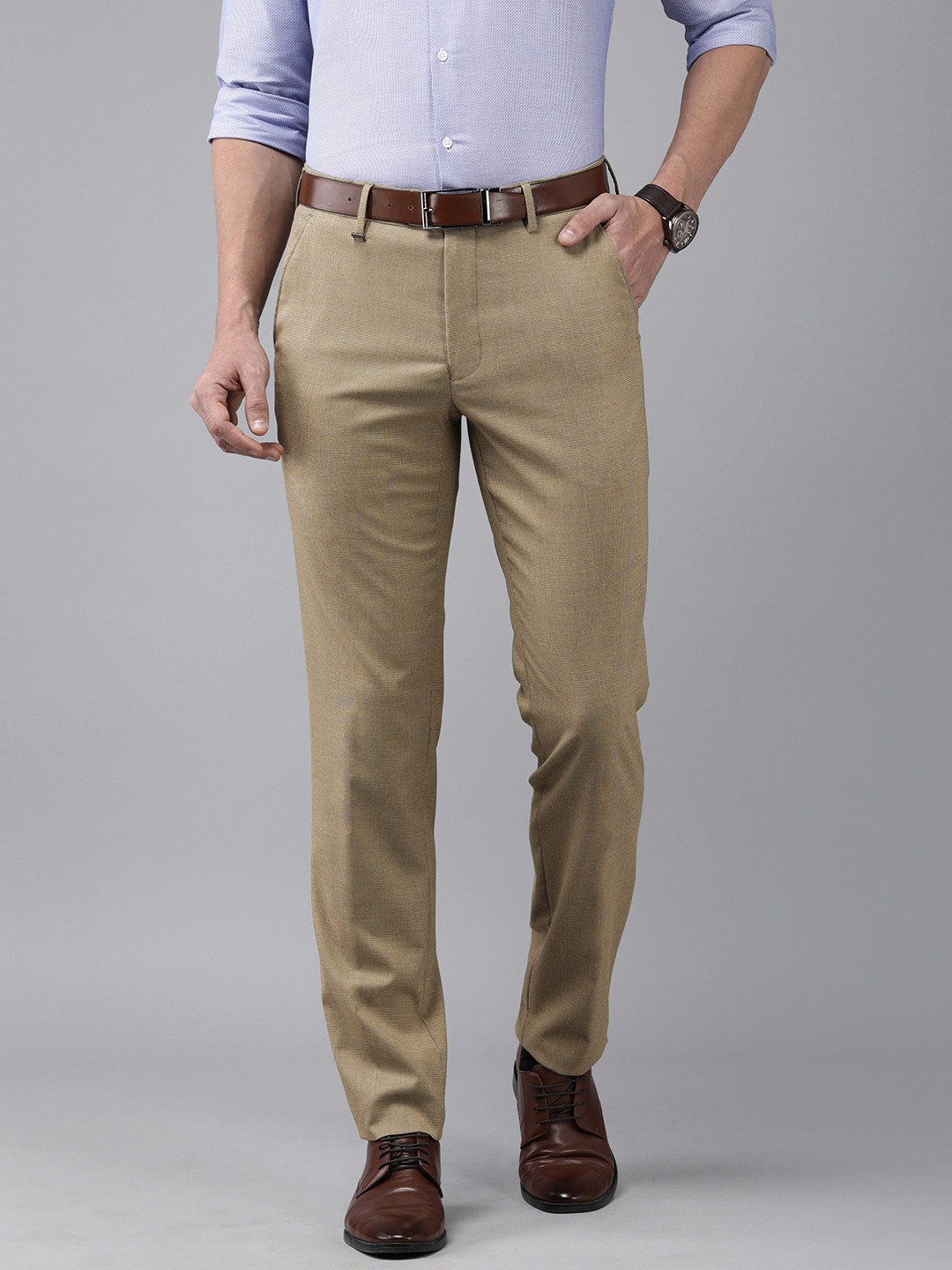 

Van Heusen Men Khaki Checked Slim Fit Mid Rise Formal Trousers