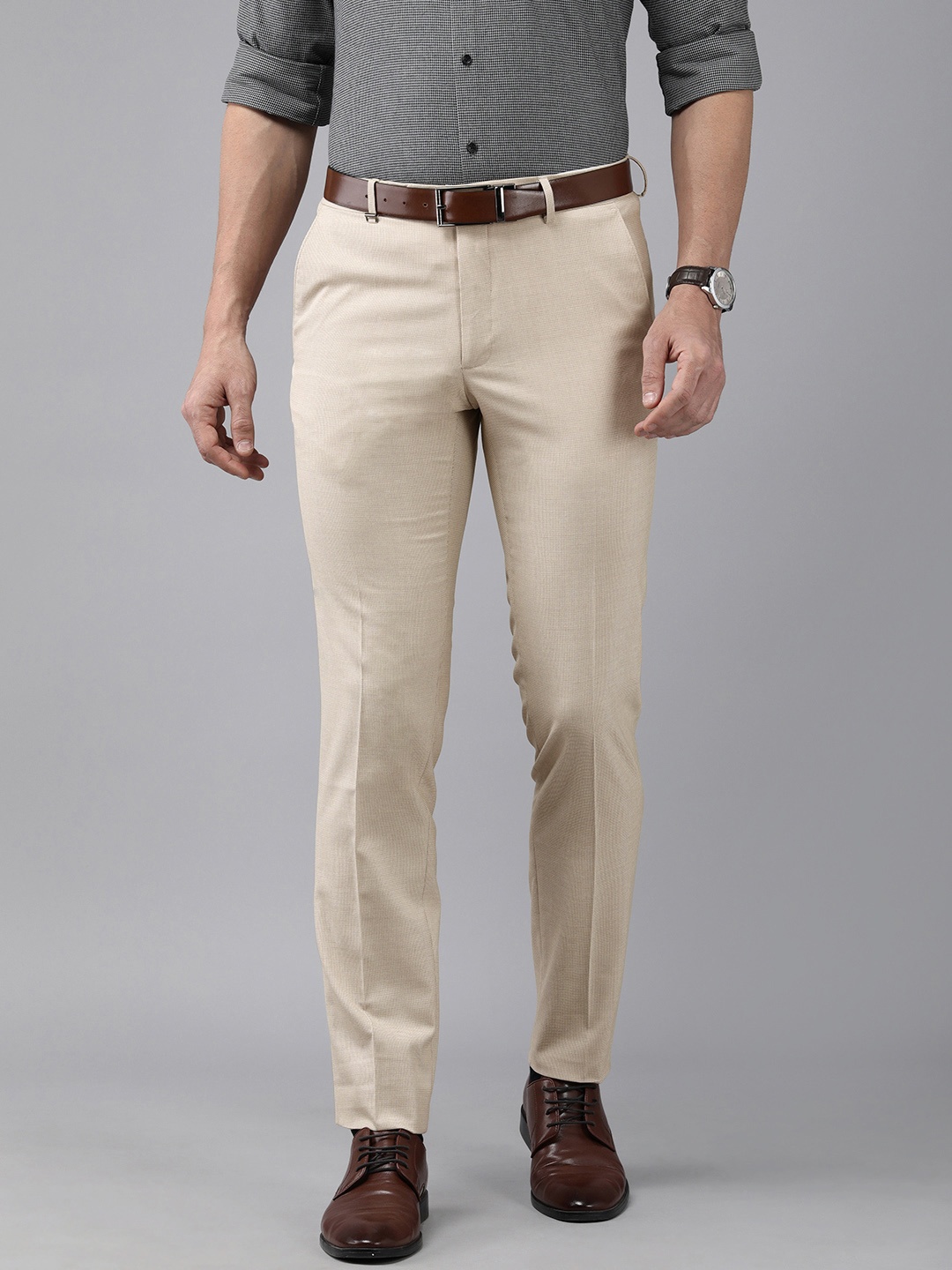 

Van Heusen Men Beige Self-Design Slim Fit Formal Trousers