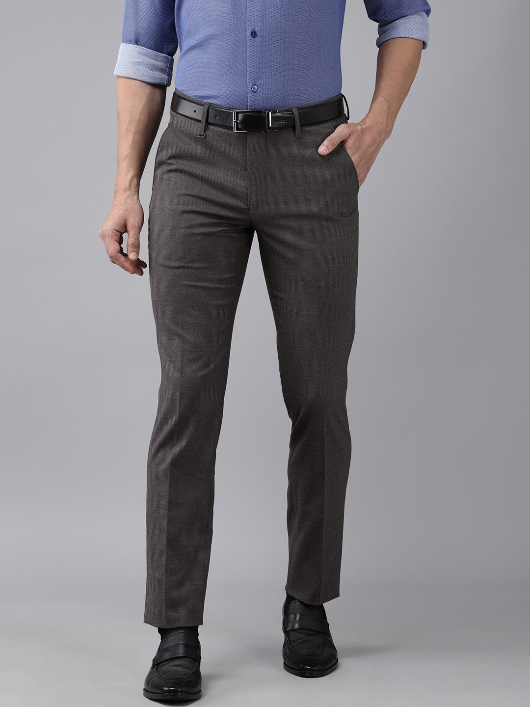 

Van Heusen Men Grey Striped Slim Fit Formal Trousers