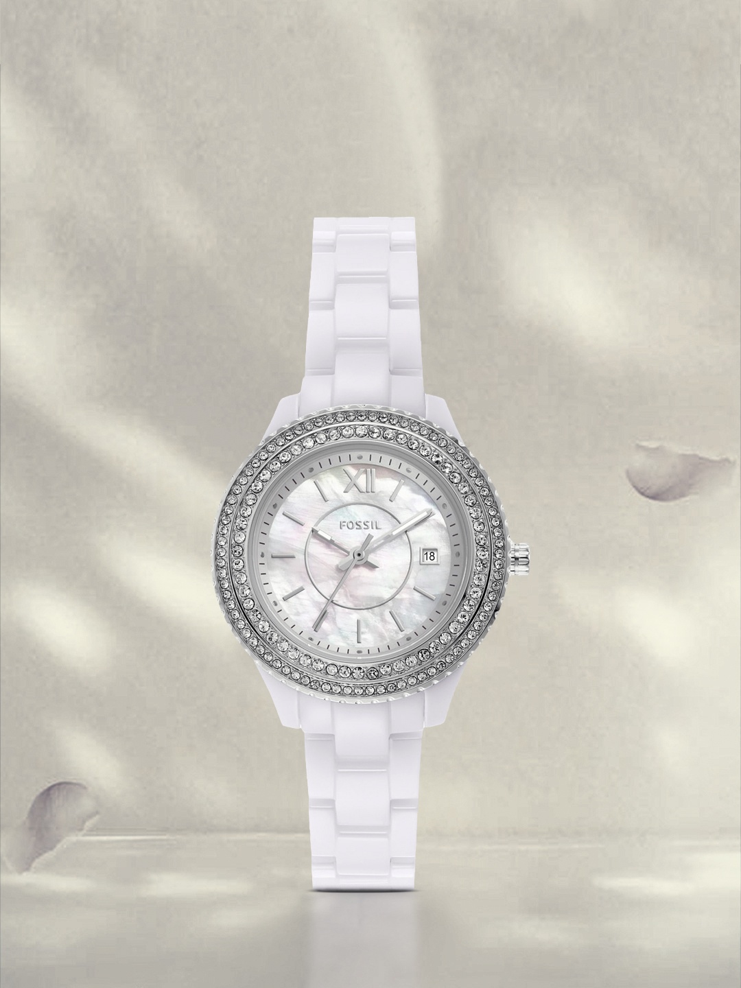 

Fossil Women Multicoloured Embellished Dial & White Straps Analogue Watch CE1116