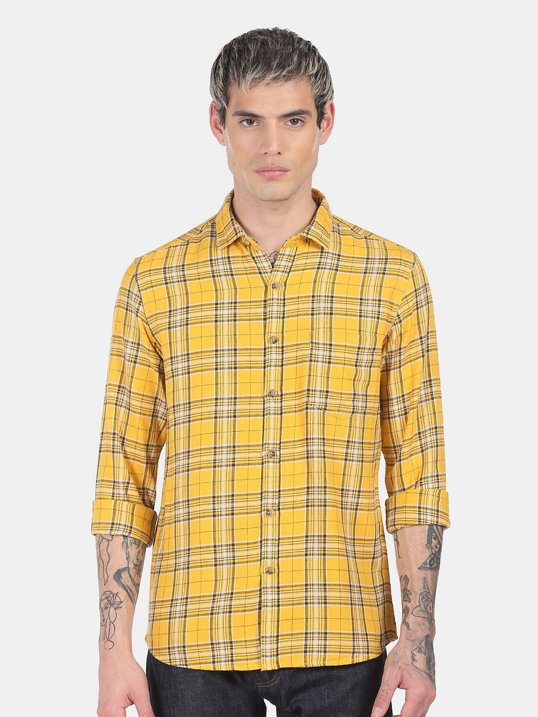 

Flying Machine Men Yellow & Black Checked Pure Cotton Casual Shirt