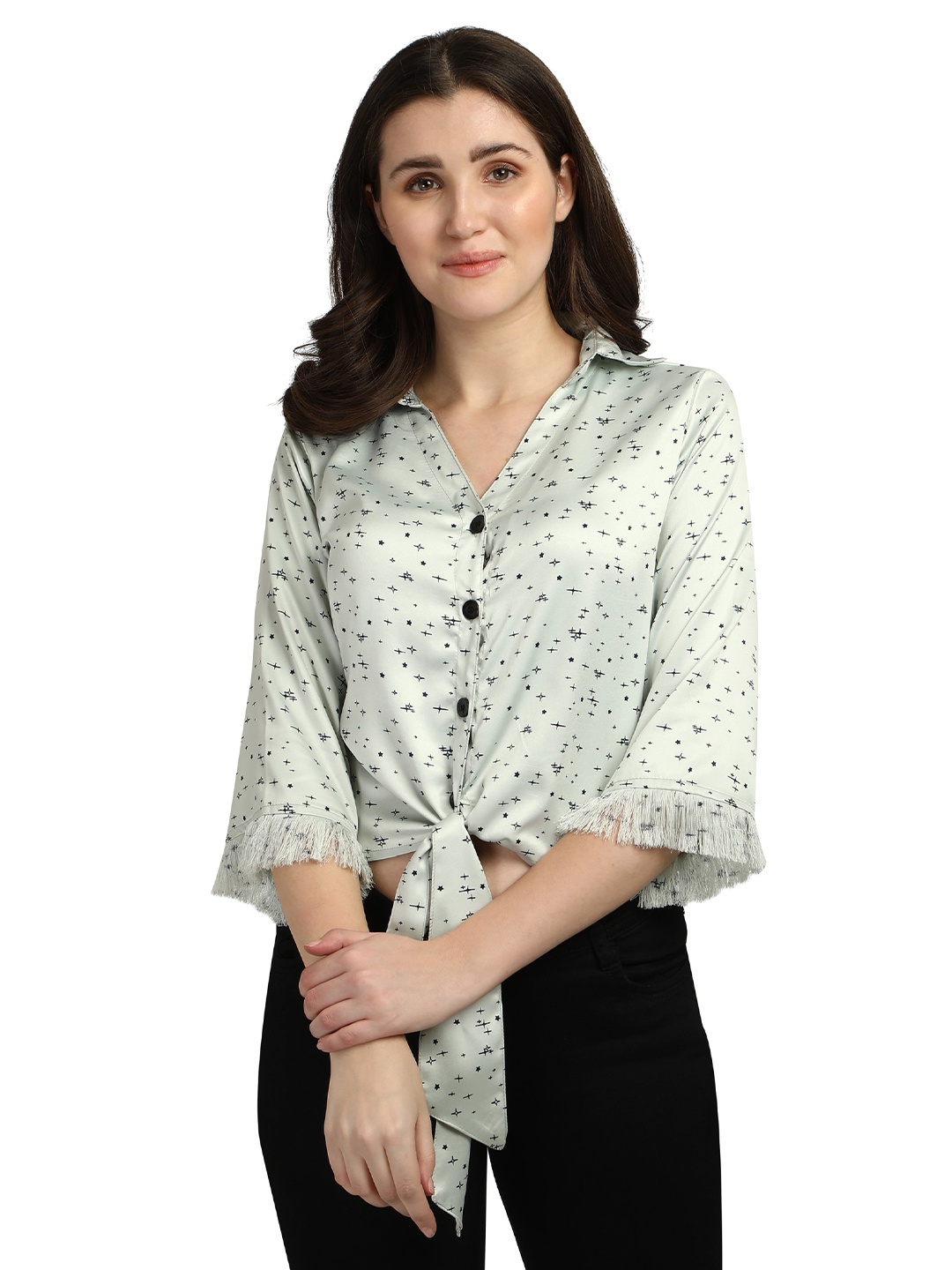

Smarty Pants Women Green Comfort Satin Printed Casual Shirt