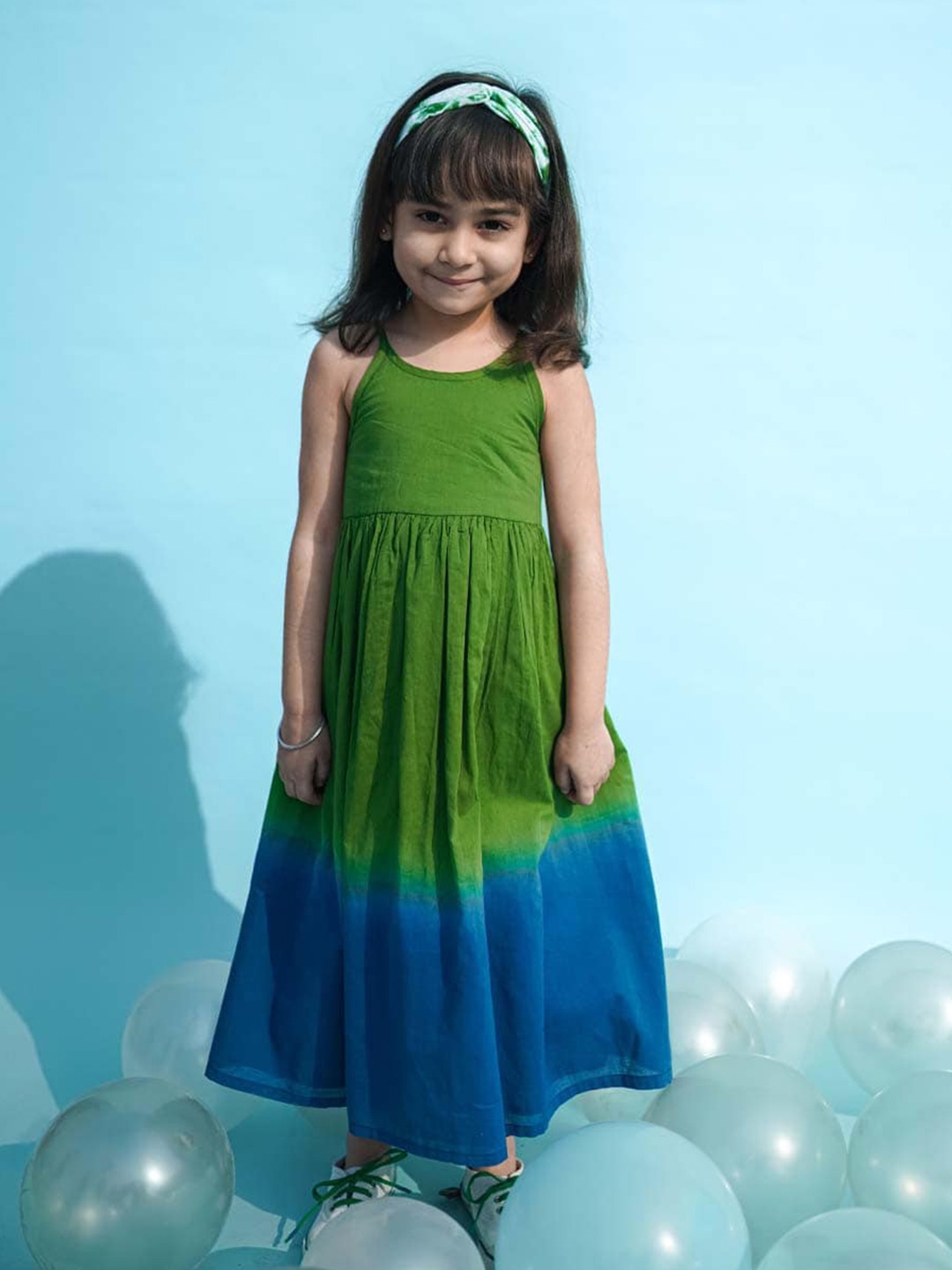 

Tiber Taber Green & Blue Tie and Dye Cotton A-Line Maxi Dress