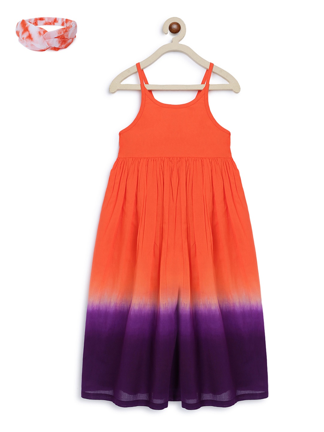 

Tiber Taber Orange & Purple Tie & Dye Cotton A-Line Maxi Dress & Headband