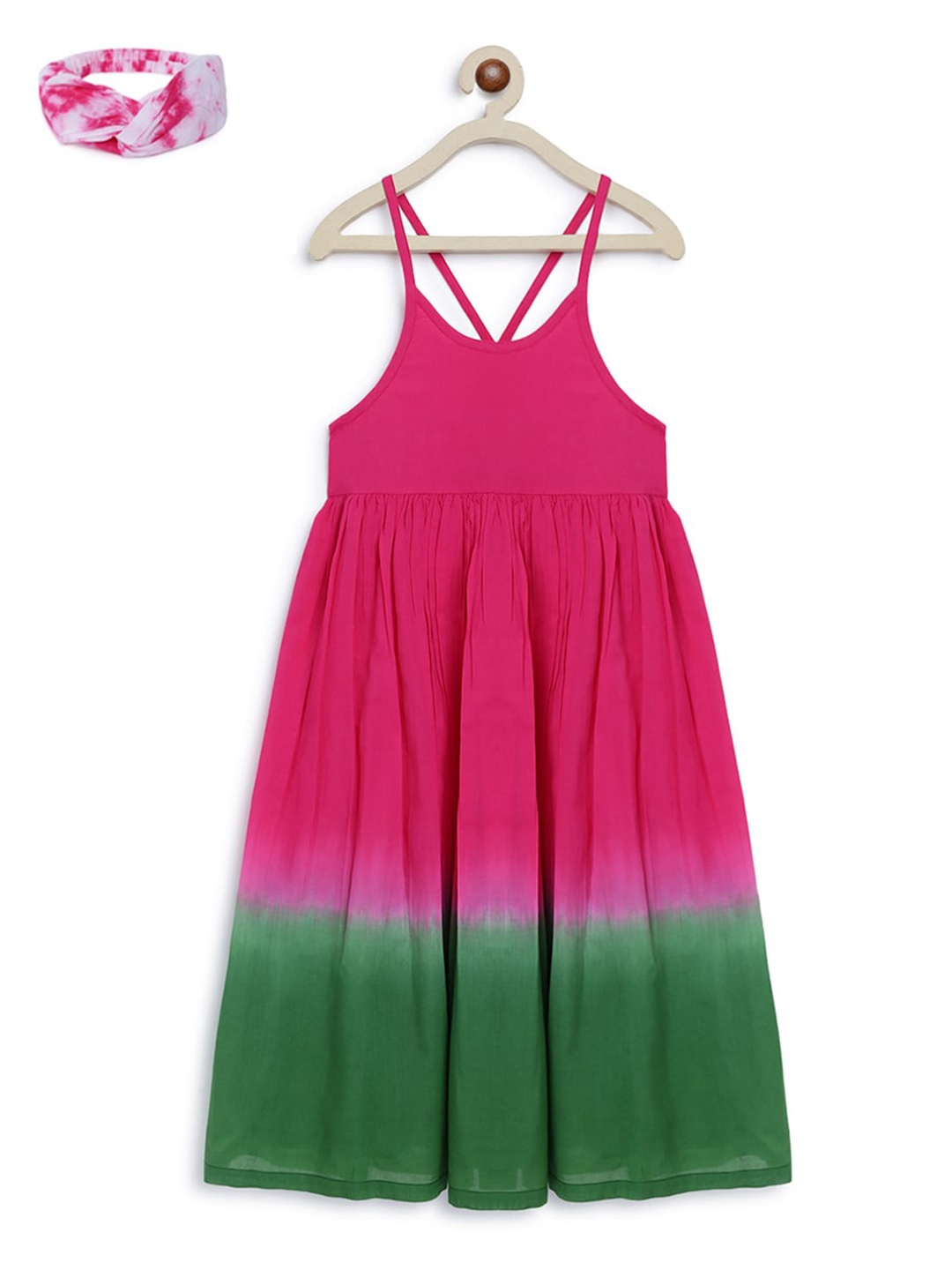 

Tiber Taber Pink & Green Tie and Dye A-Line Maxi Dress with Headband