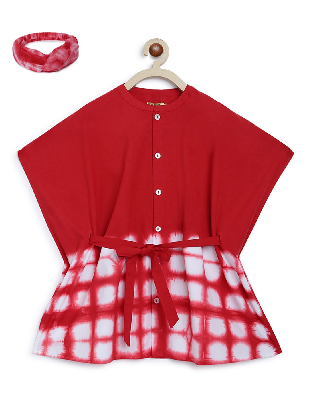 

Tiber Taber Girls Red & White Tie & Dyed Cotton Kaftan Dress With Headband