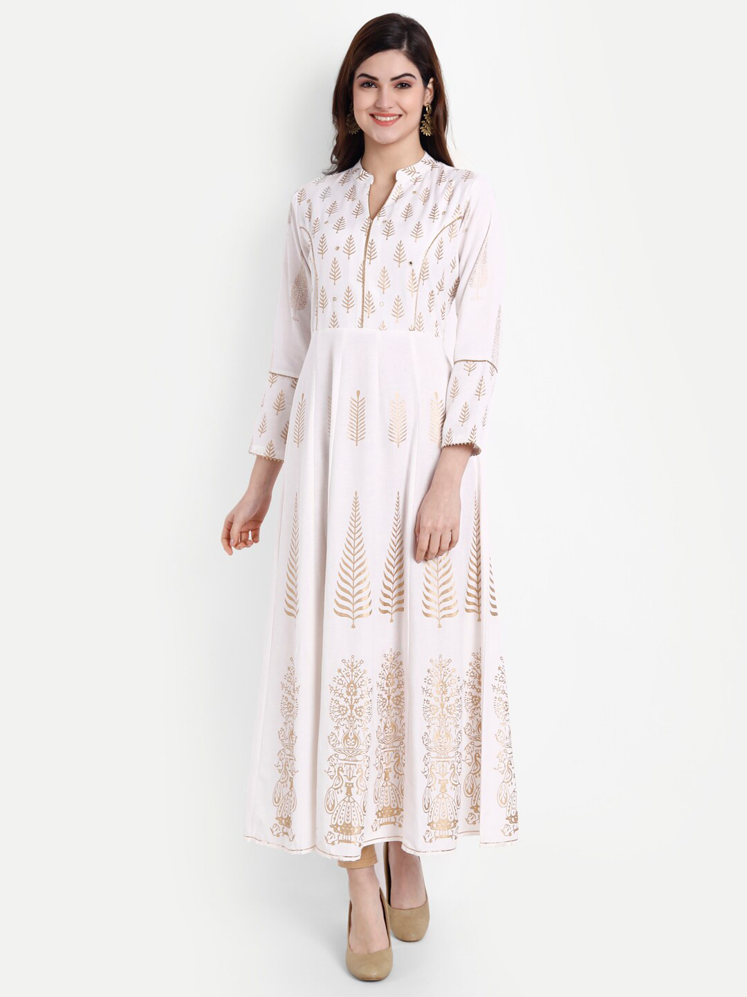 

fabGLOBAL Women White & Gold-Toned Ethnic Motifs Printed Maxi Dress