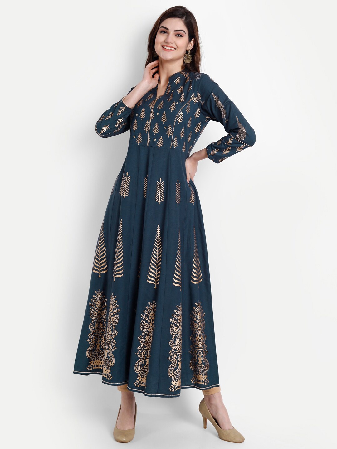 

fabGLOBAL Women Blue & Gold-Toned Ethnic Motifs Maxi Dress