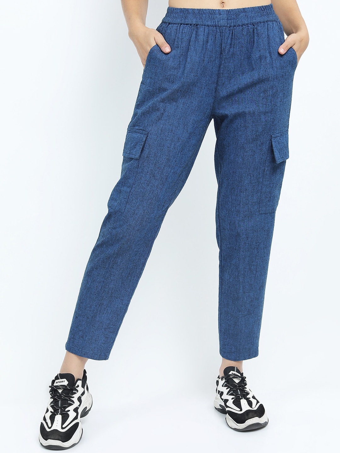 

Tokyo Talkies Women Blue Printed Tapered Fit Cargos Trousers