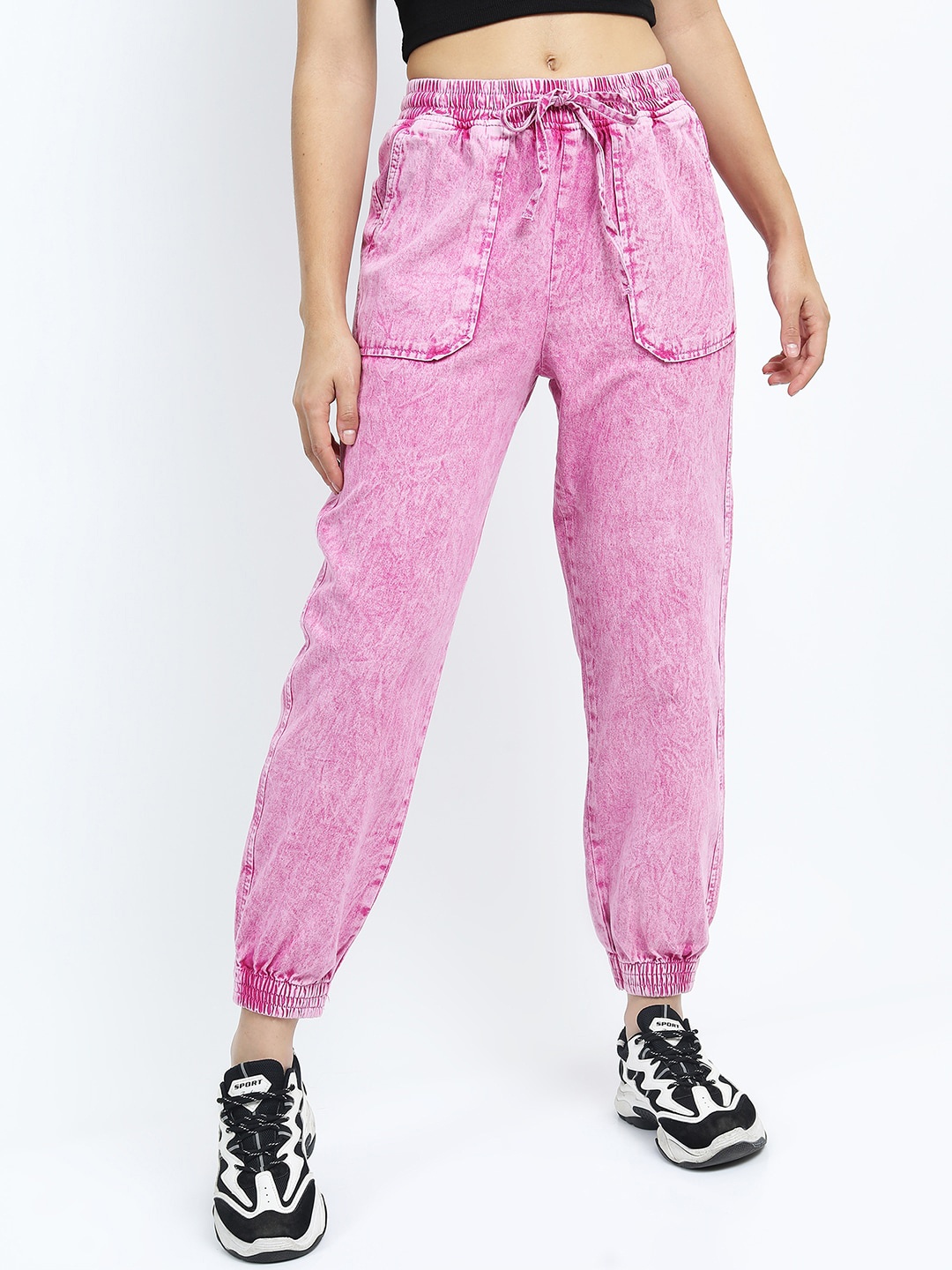 

Tokyo Talkies Women Pink Jogger Heavy Fade Acid Wash Cotton Jeans