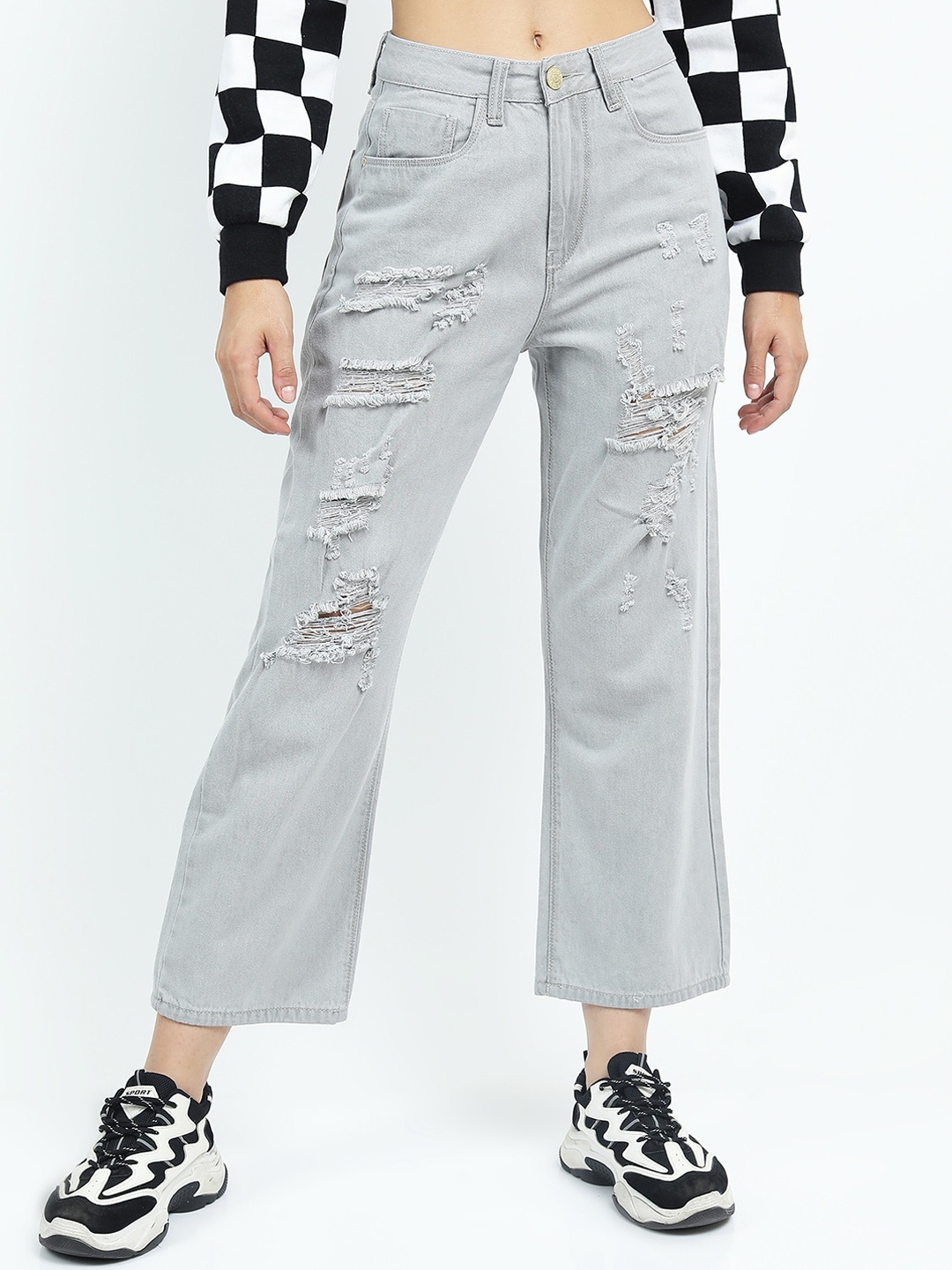 

Tokyo Talkies Women Grey Wide Leg Highly Distressed Cropped Jeans