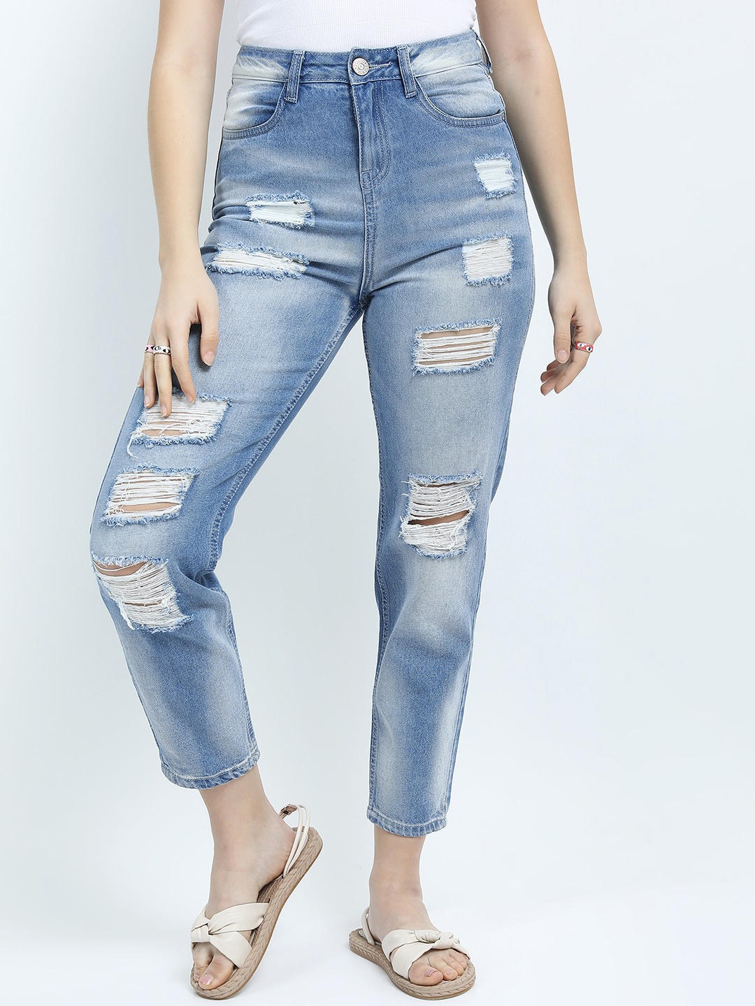

Tokyo Talkies Women Blue Highly Distressed Heavy Fade Mom Fit Cotton Jeans