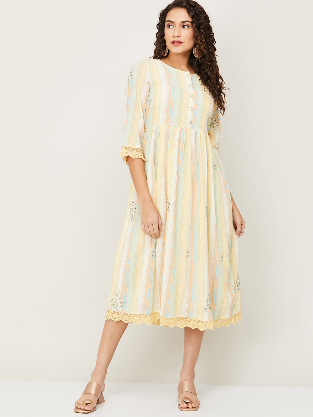 

Melange by Lifestyle Women Yellow & Off-White Striped A-Line Midi Cotton Dress