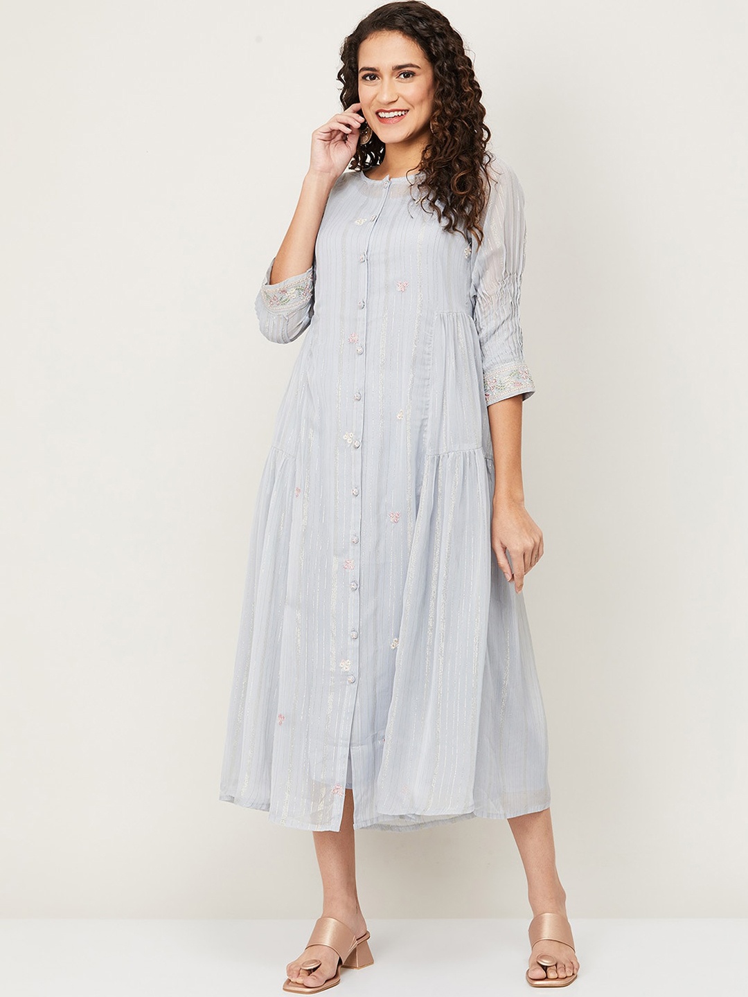 

Melange by Lifestyle Grey Striped Ethnic A-Line Midi Dress