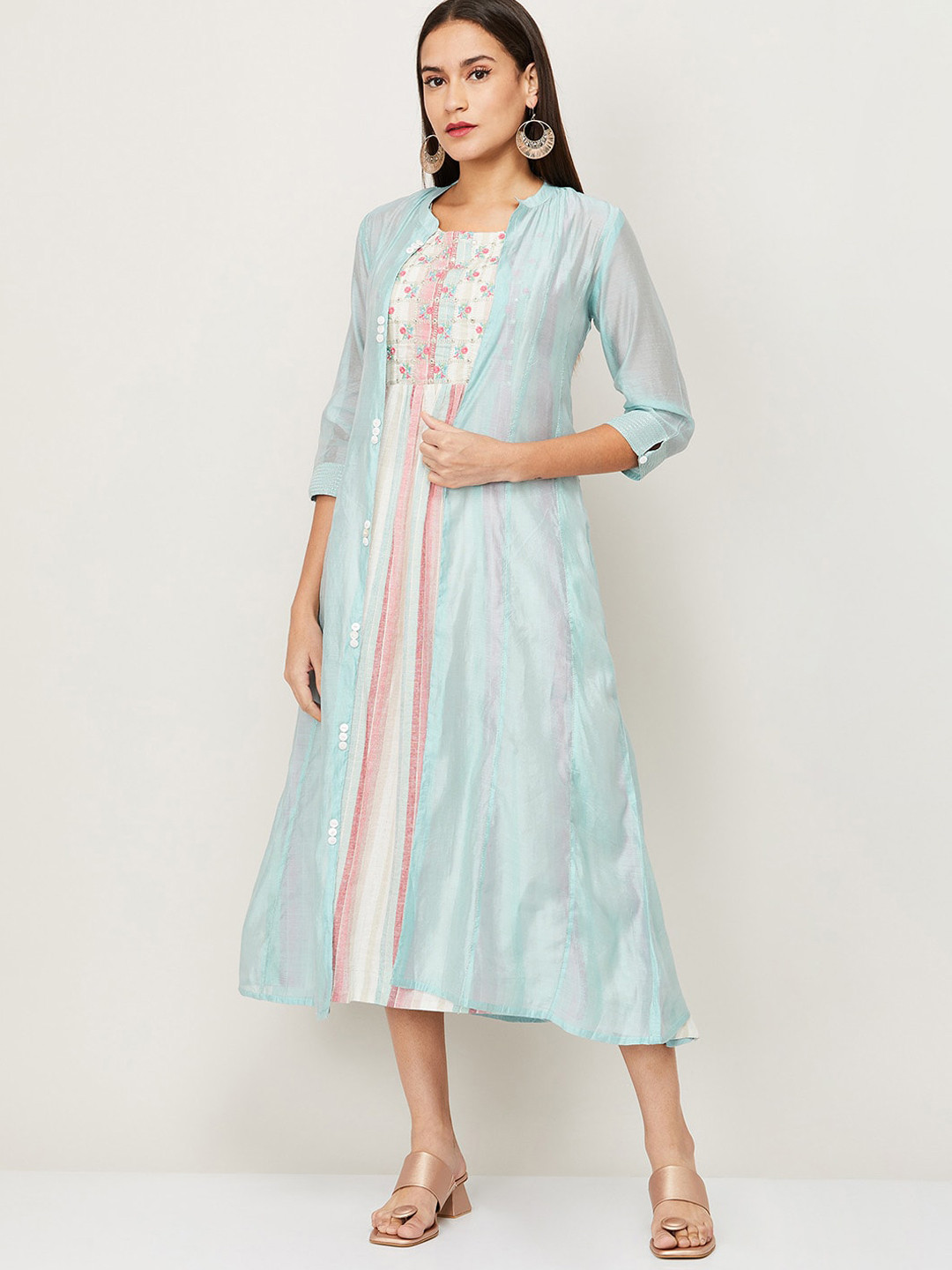 

Melange by Lifestyle Blue & Pink Striped Layered A-Line Midi Dress