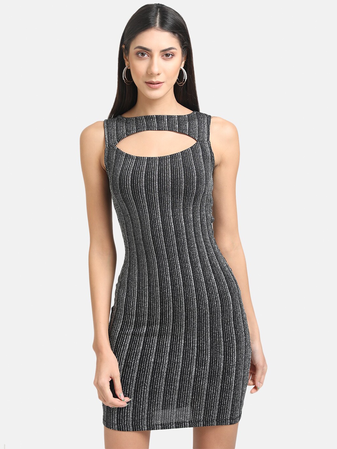 

Kazo Women Black White Striped Sleeveless Bodycon Dress, Grey
