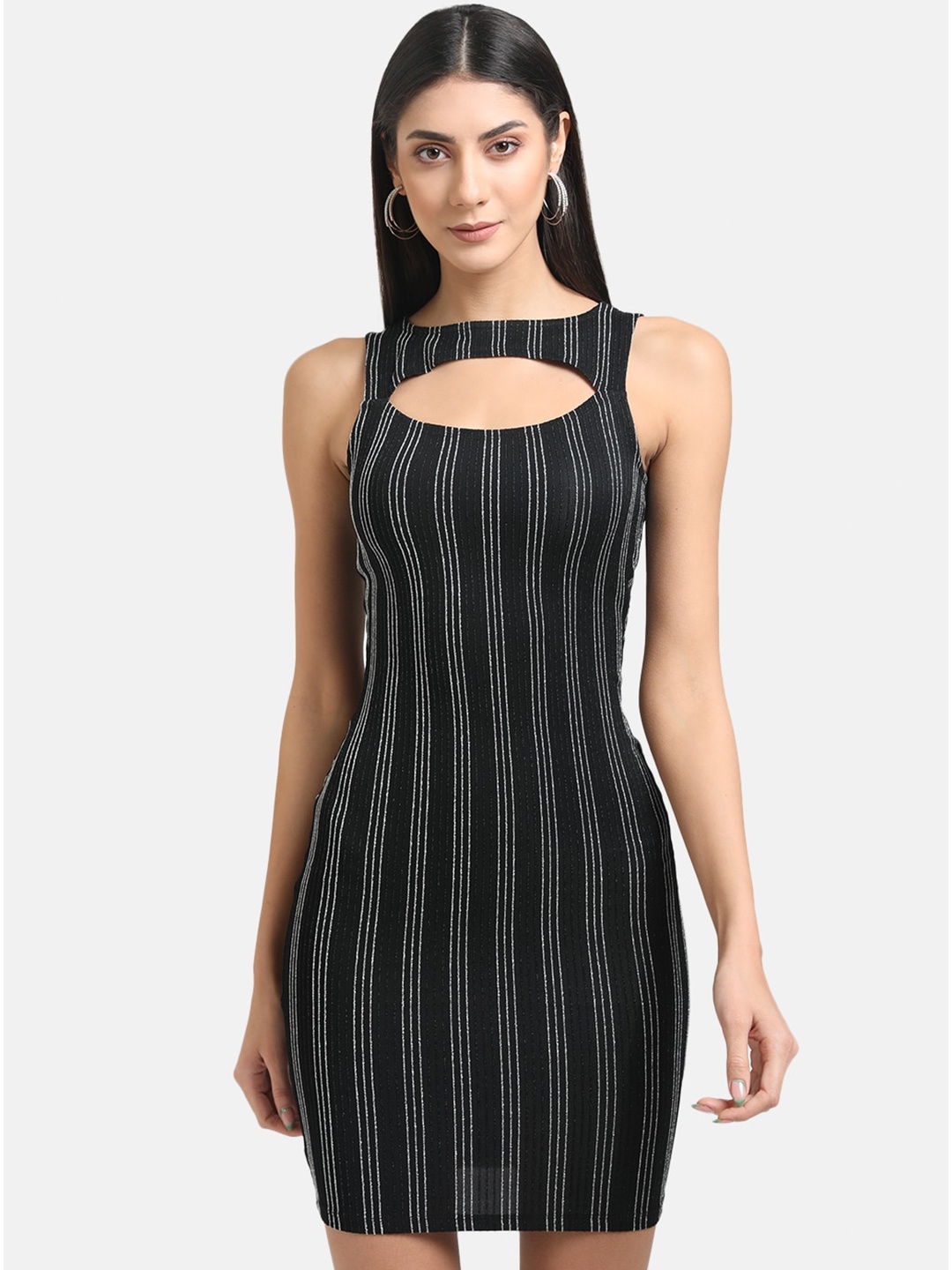 

Kazo Women Black & White Striped Choker Neck Bodycon Dress