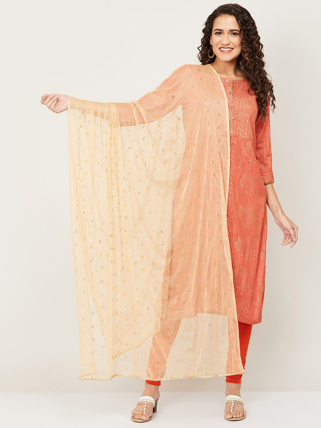 

Melange by Lifestyle Beige & Gold-Toned Printed Organza Dupatta