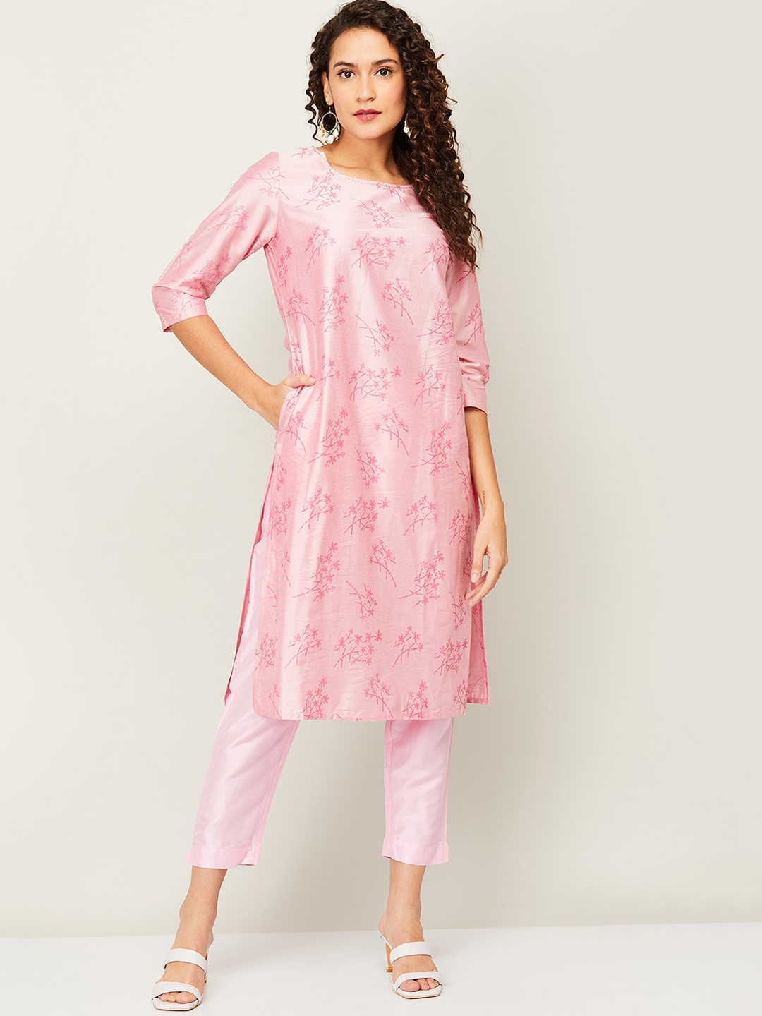 

Melange by Lifestyle Women Pink Floral Embellished Winter Kurta