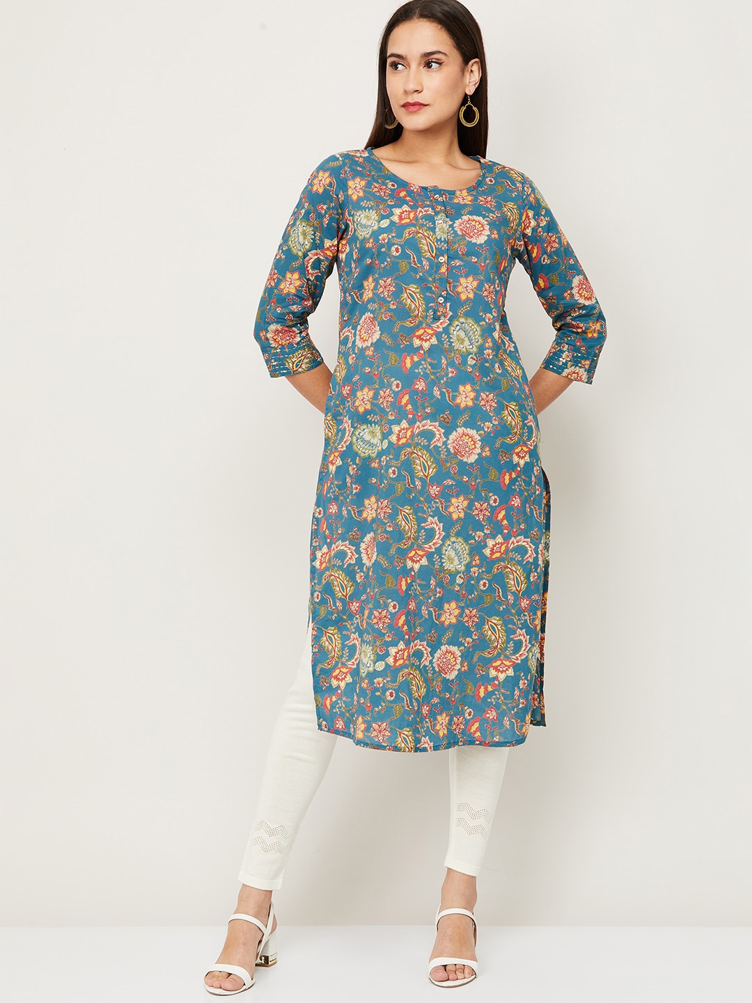 

Melange by Lifestyle Women Teal & Beige Floral Printed Pure Cotton Kurta