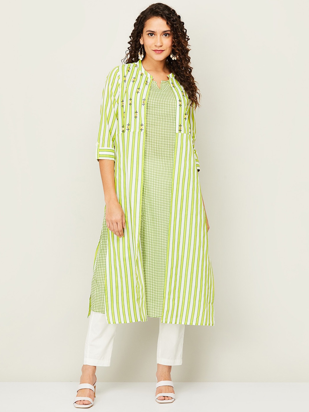 

Melange by Lifestyle Women Off White & Green Striped Cotton Kurta