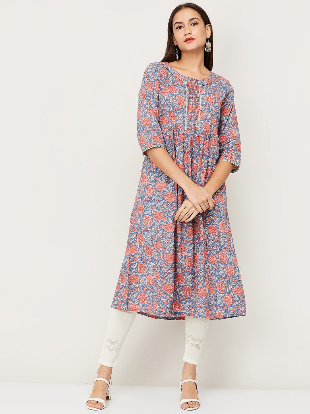 

Melange by Lifestyle Women Blue & Pink Ethnic Motifs Printed Thread Work Anarkali Kurta