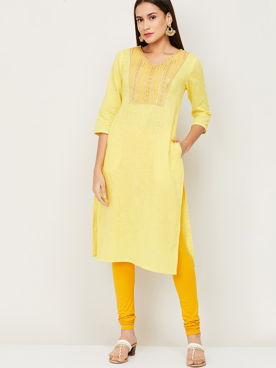 

Melange by Lifestyle Women Yellow Geometric Yoke Design Mirror Work Kurta