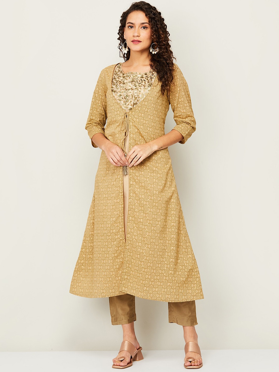 

Melange by Lifestyle Women Beige Ethnic Motifs Embroidered A-Line Kurta