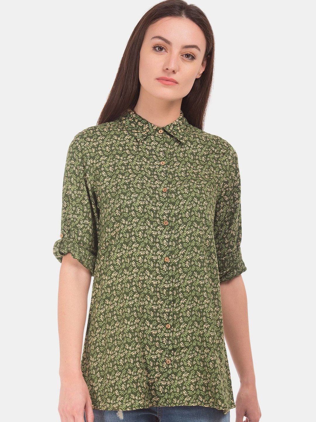 

Cherokee Women Green Skinny Fit Floral Printed Casual Shirt