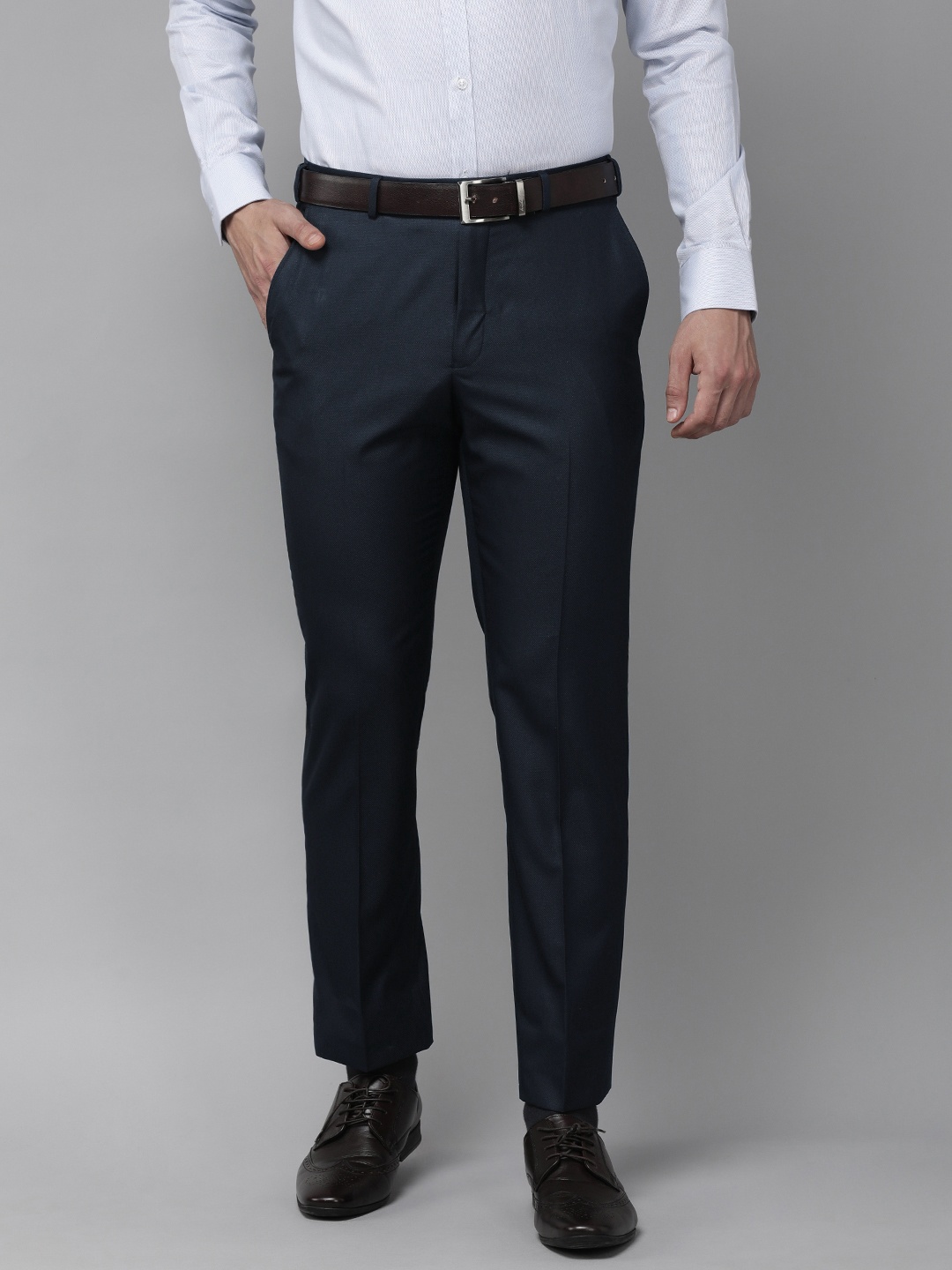 

Park Avenue Men Dark Blue Solid Mid-Rise Formal Trousers
