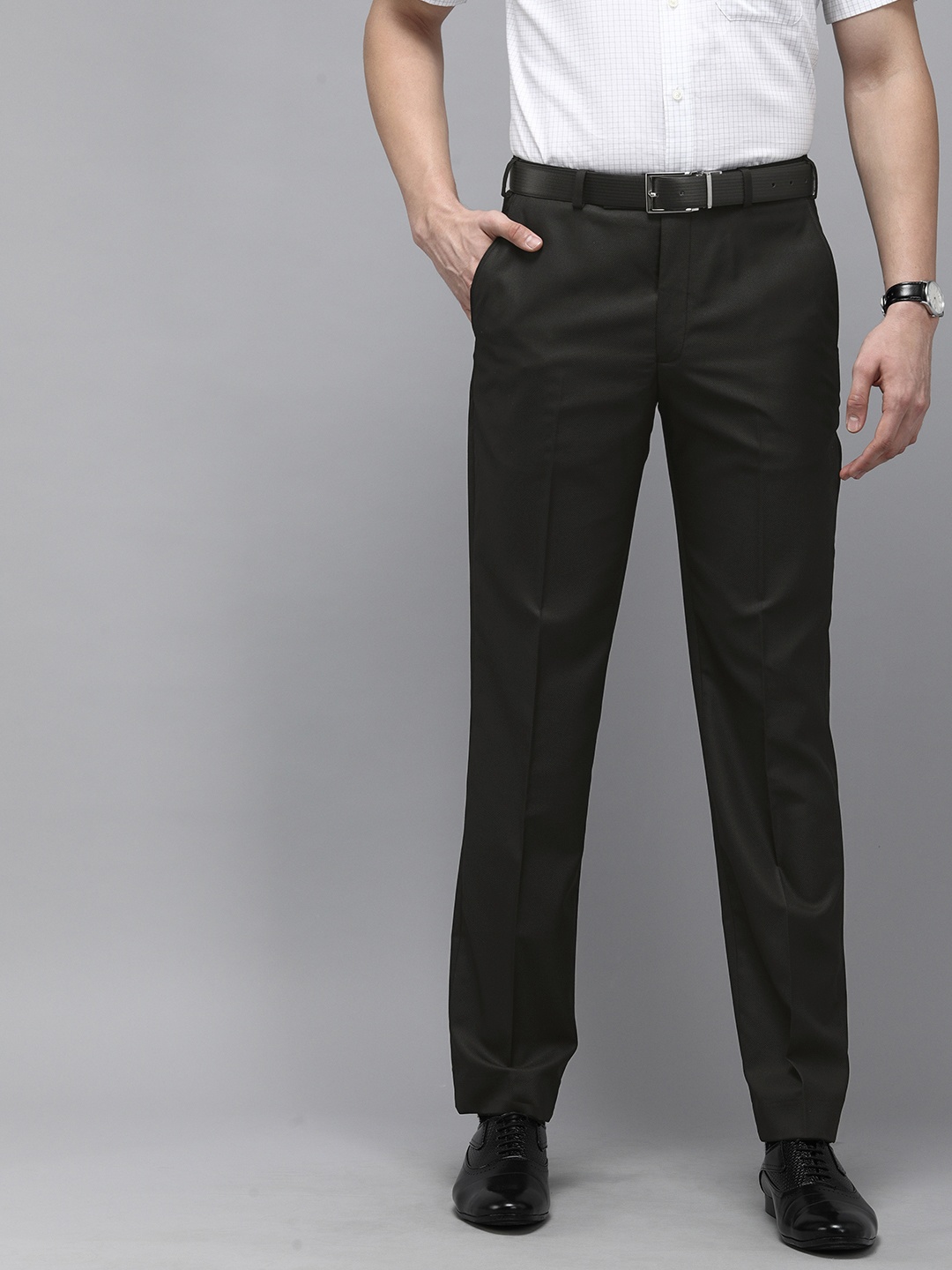 

Park Avenue Men Black Textured Smart Fit Low-Rise Formal Trousers