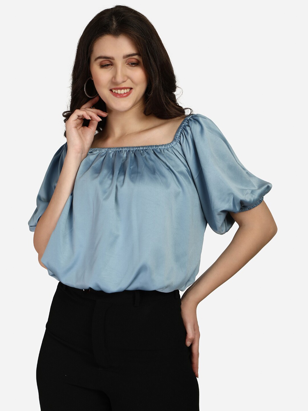 

Smarty Pants Women Blue Solid Satin Blouson Top