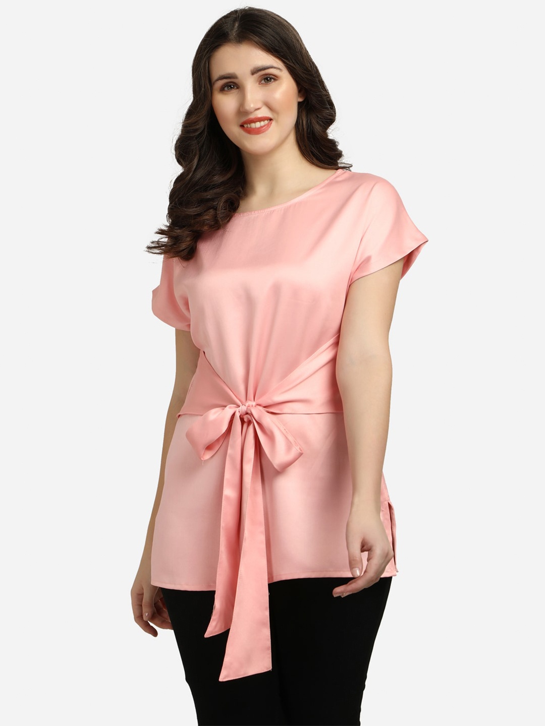 Smarty Pants Women Pink Satin Waist Clinch Tie-Up Top