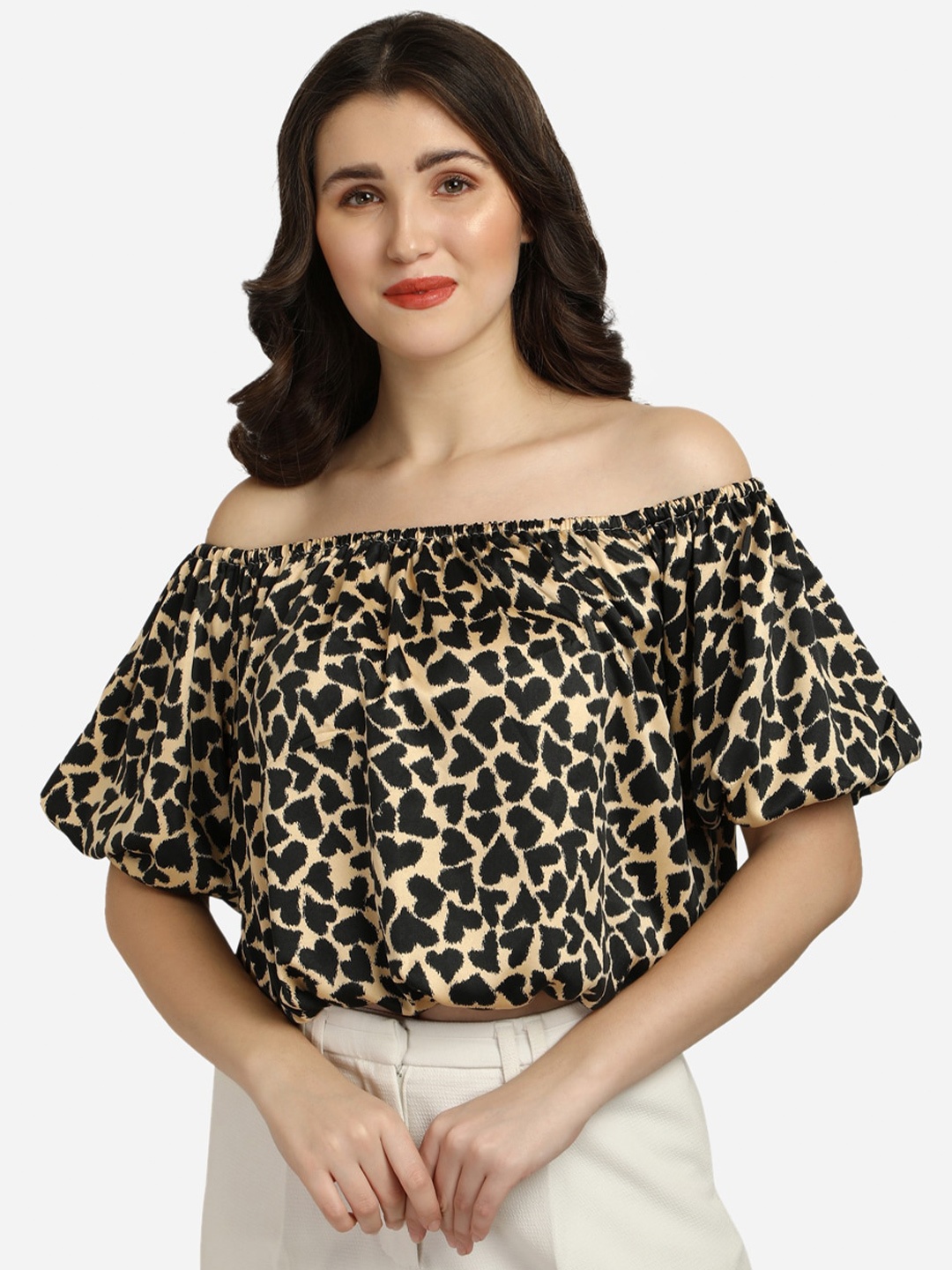

Smarty Pants Black Animal Print Off-Shoulder Satin Off Shoulder Top