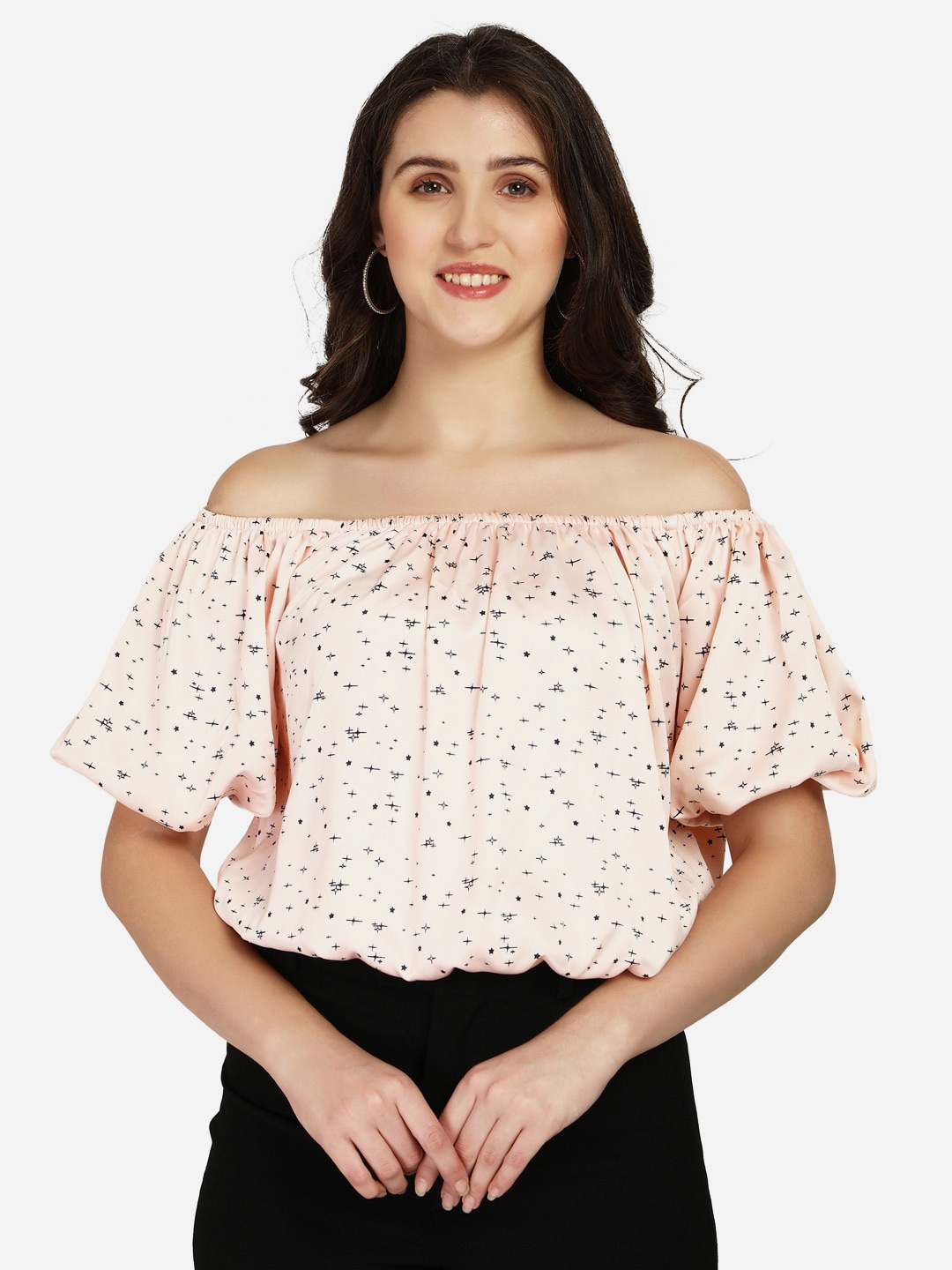 

Smarty Pants Women Pink Printed Off-Shoulder Satin Bardot Top