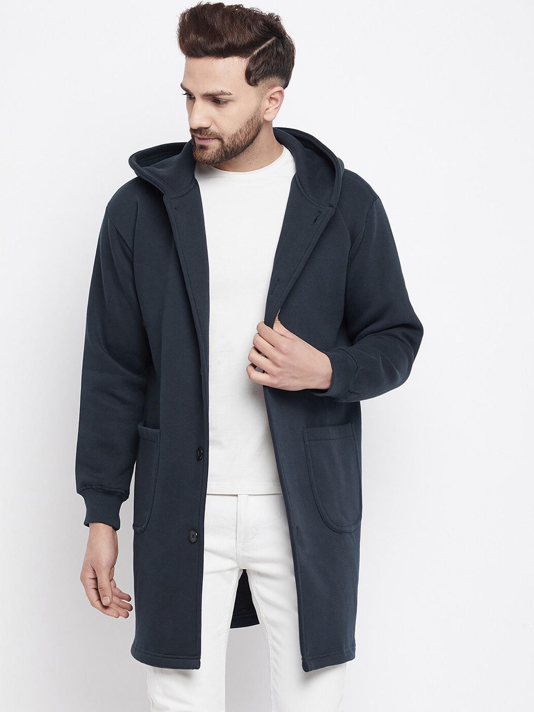 

FUGAZEE Men Navy Blue Solid Hooded Trench Coat