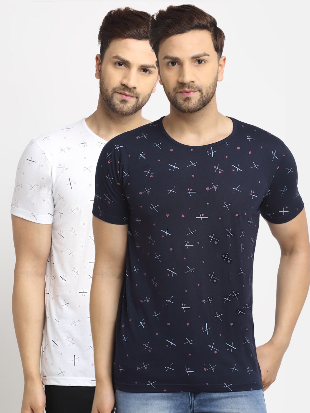 

MACK JONNEY Men Navy Blue & White Set Of 2 Printed T-shirt