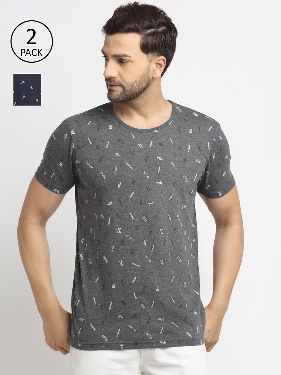 

MACK JONNEY Men Set Of 2 Grey & Navy Blue Typography Printed T-shirt
