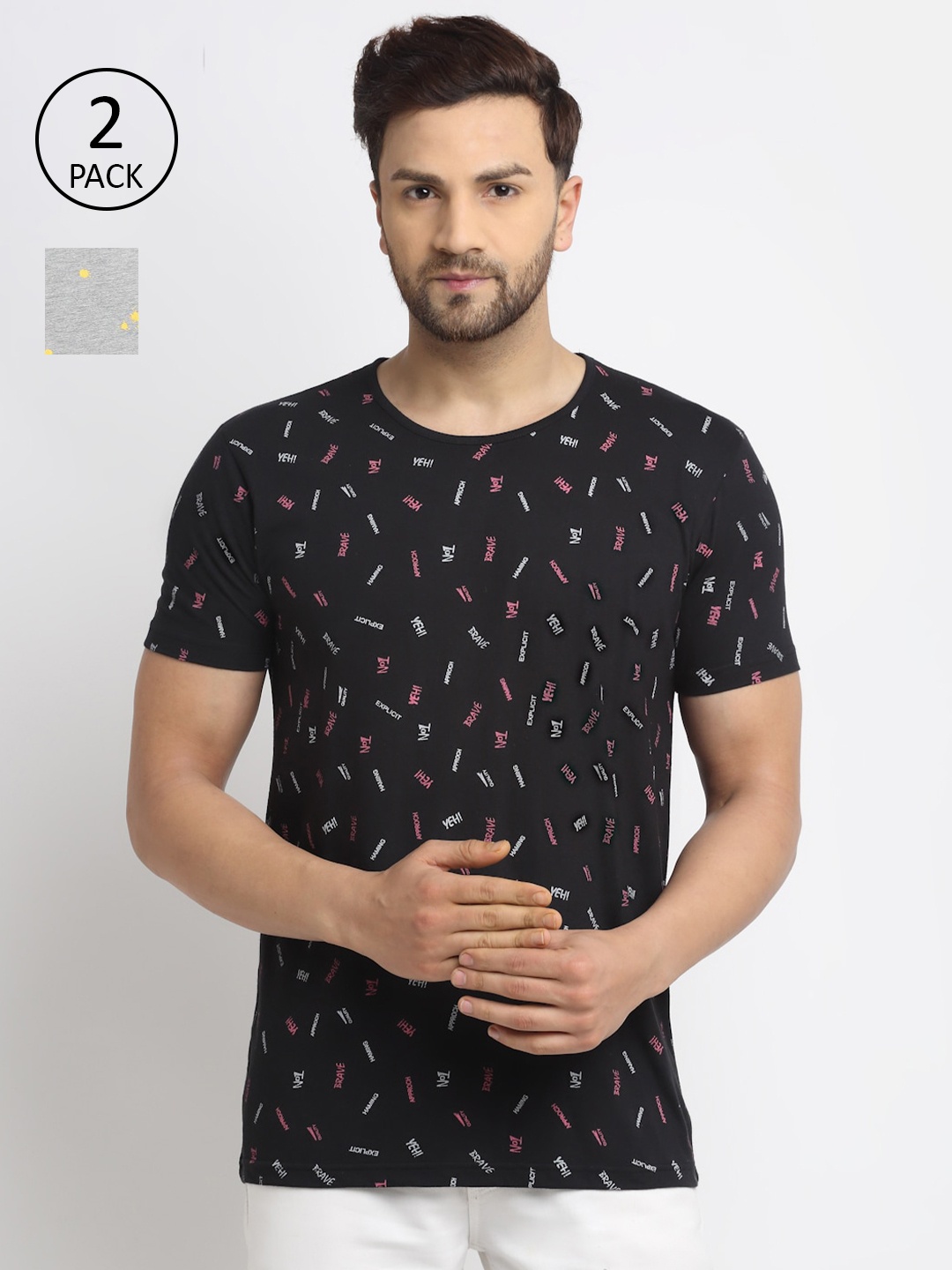 

VIMAL JONNEY Men Black & Grey Set Of 2 Printed T-shirt