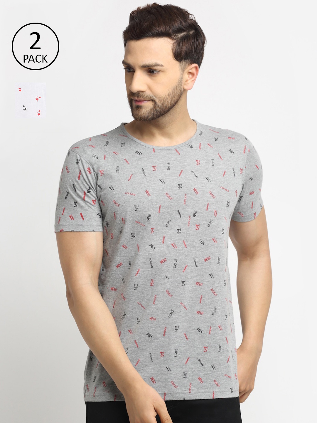 

MACK JONNEY Men Grey & White Set Of 2 Printed T-shirt