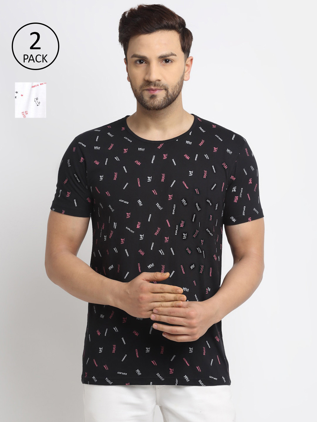 

MACK JONNEY Men Set Of 2 Black & White Typography Printed T-shirt