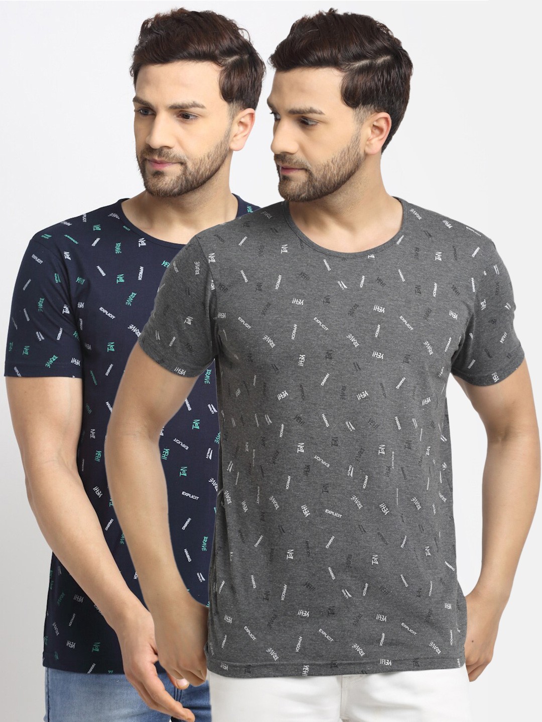 

MACK JONNEY Men Grey & Navy Blue Pack Of 2 Printed T-shirt