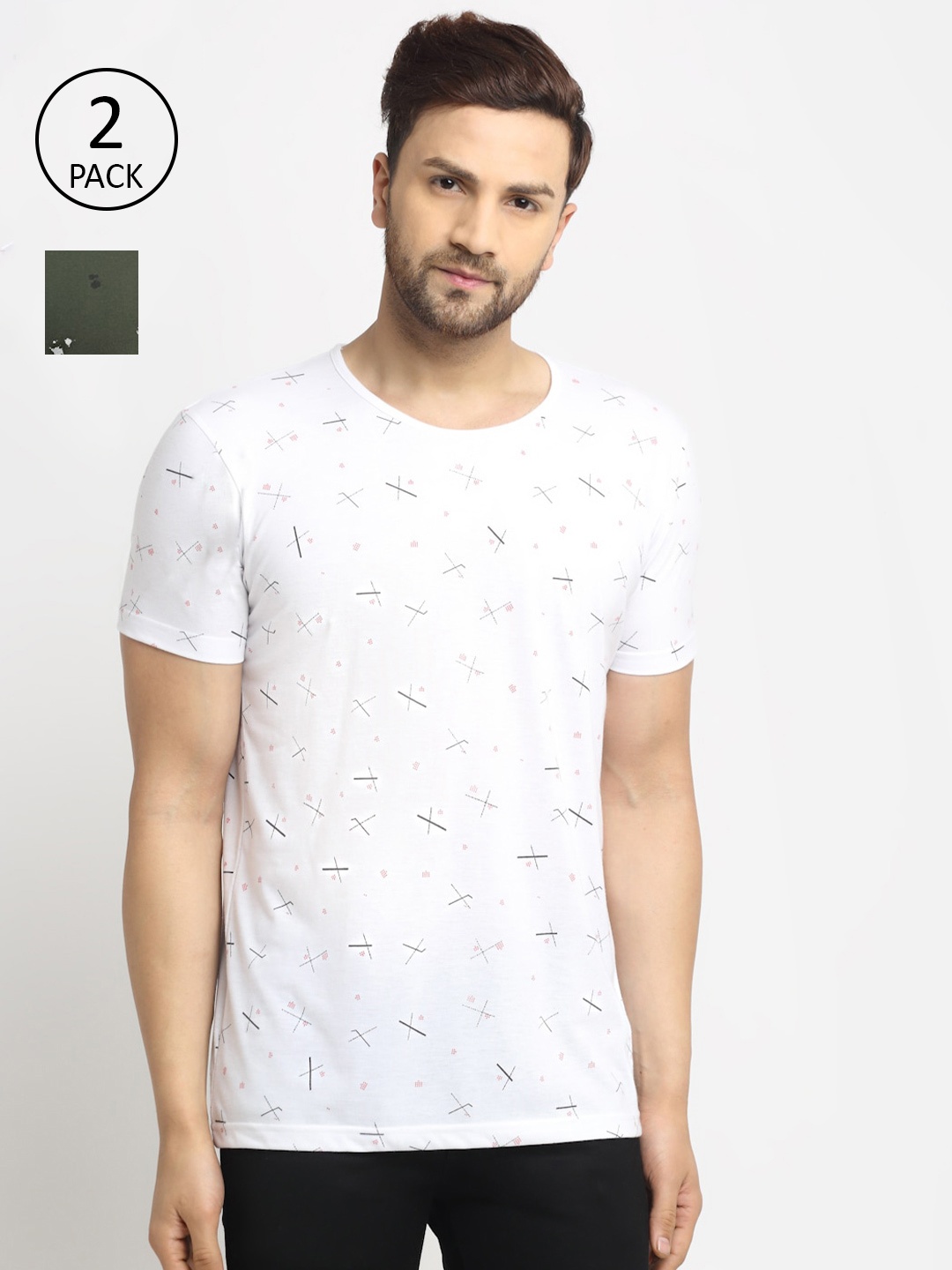 

MACK JONNEY Men White & Olive Green Set Of 2 Printed T-shirt