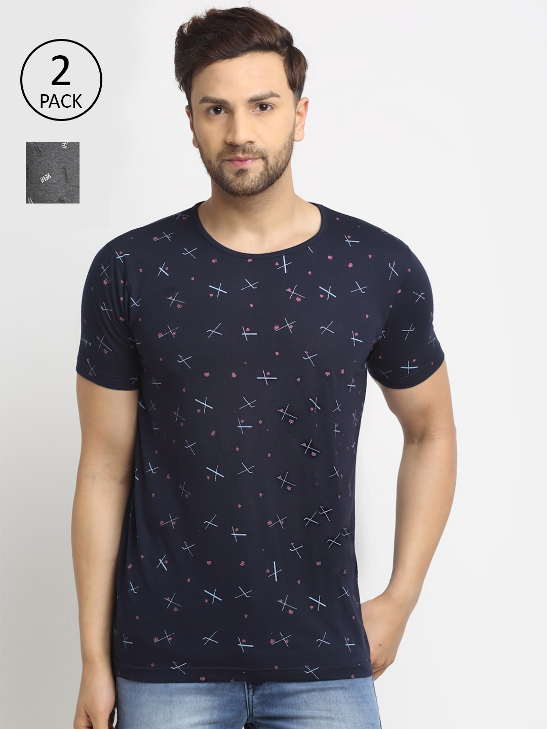

MACK JONNEY Men Navy Blue & Grey Set Of 2 Printed T-shirt