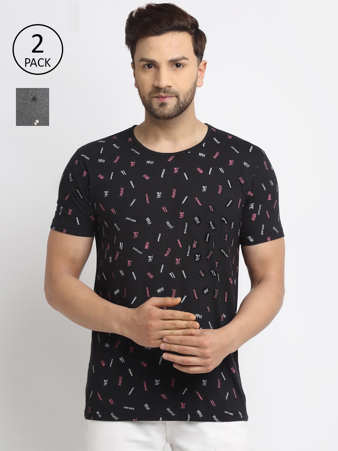 

VIMAL JONNEY Men Set Of 2 Black & Grey Typography Printed T-shirt