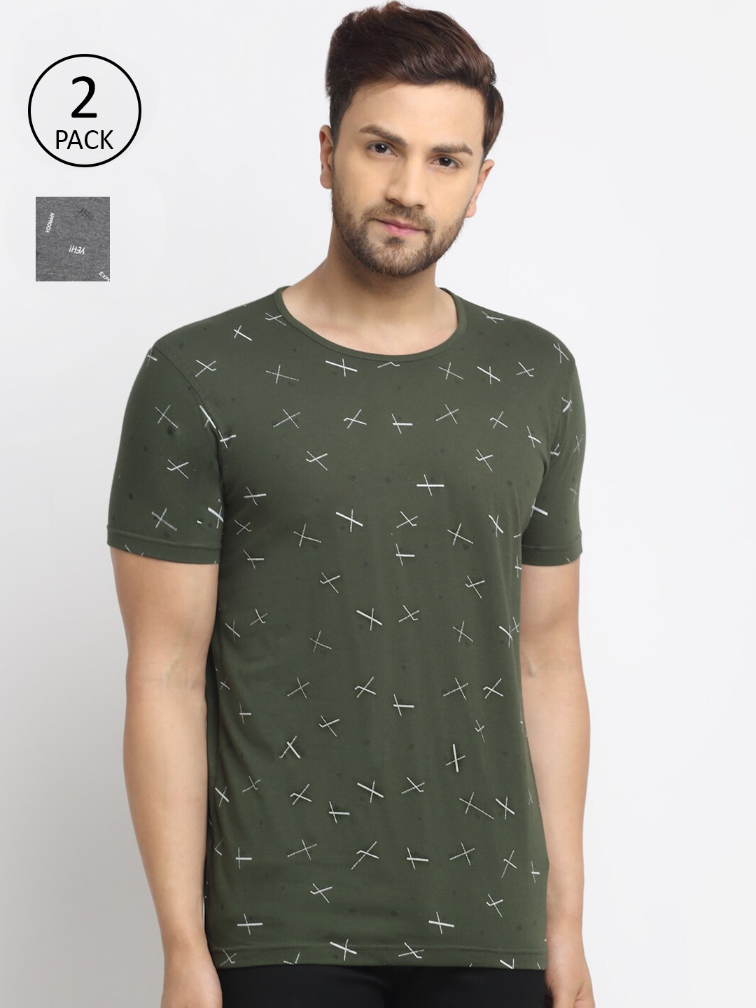 

MACK JONNEY Men Olive Green & Grey Set Of 2 Printed T-shirt